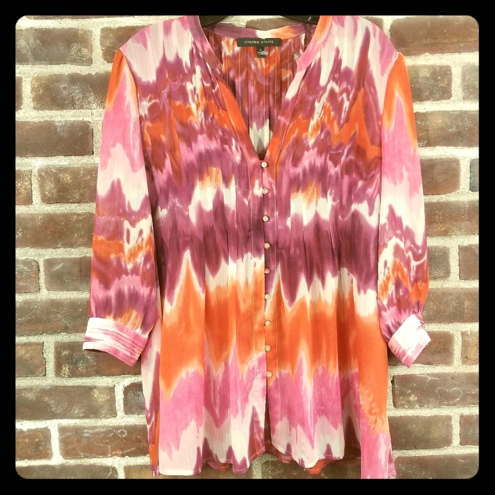 Cynthia Steffe TyeDye Sheer Pleated Peasant Blouse